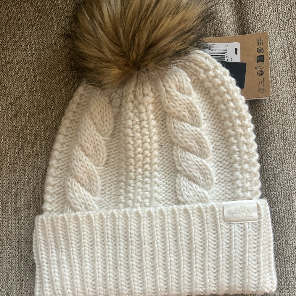 The North Face White Knit Beanie with Faux Fur Pom